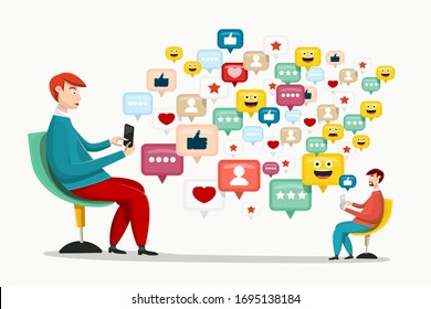 Internet Communication Concept with Two Men Sitting on Chairs with Mobile Phones and Flying Social Media Colorful Icons. Vector Flat Design Chat Symbol.