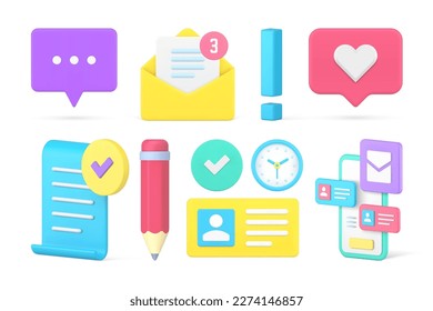Internet communication cyberspace chatting social media networking set 3d icon realistic vector illustration. Online message texting incoming letter smartphone mobile application content management