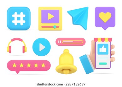 Internet communication digital smartphone app cyberspace content notification set 3d icon realistic vector illustration. Online chat social media network hashtag message send music video play