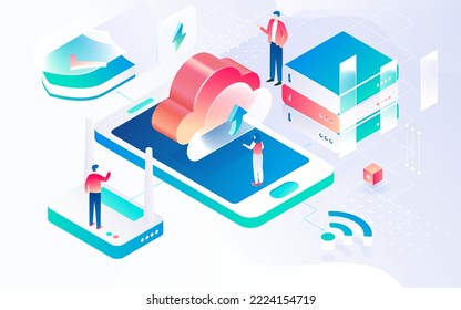 Equipo de comunicación por Internet, conexión de red, seguridad de datos con diversos dispositivos de red y personas en segundo plano, ilustración isométrica