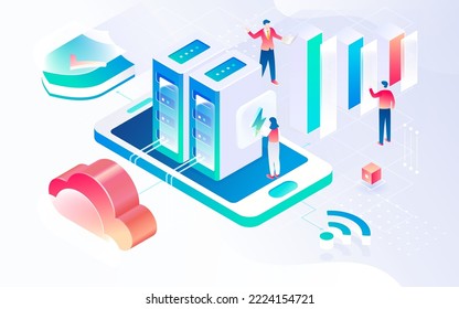 Equipo de comunicación por Internet, conexión de red, seguridad de datos con diversos dispositivos de red y personas en segundo plano, ilustración isométrica