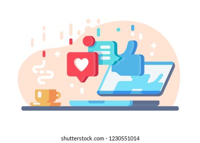 Internet communication with likes and comments. Concept social network, web forum, laptop. Vector illustration.