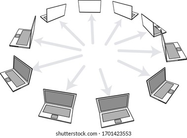 internet communication many laptops in a circular link