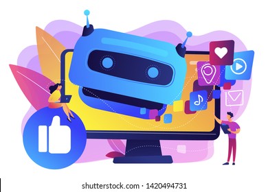 Internet-Kommunikation, Online-Chat-Bot, Zukunft SMM, High-Tech. AI in sozialen Medien, AI-Content-Tracking, automatisierte Bilderkennung. Helle, lebendige violette Vektorgrafik einzeln