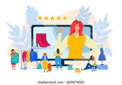 Internet communication online in social media, fashion blogger vector illustration. Woman female web blog at computer, digital technology. Female beauty vlog background at screen device.