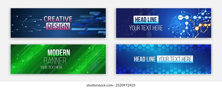 internet communication, science, big data, cover design set. Sci-fi vector sample concept. High-tech horizontal banner template. Modern banner design with technology element. Data protection.