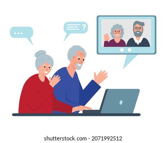 Comunicación en Internet de ancianos usando computadoras. Los ancianos se quedan en casa y se reúnen en línea sobre aislamiento de cuarentena. Ilustración vectorial de carácter plano o caricatura.