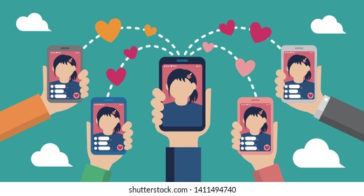 Internet communication with SNS / live chat app. flat vector illustration.