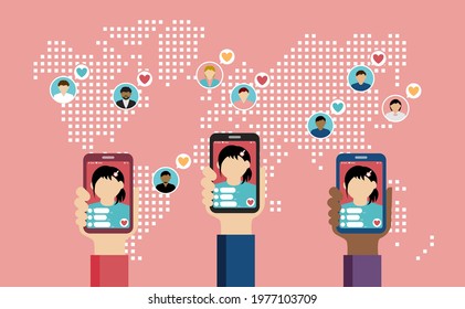 Internet communication with SNS ( live streaming app) vector banner illustration.