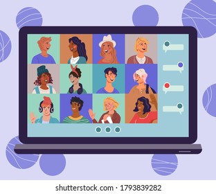 Internet communication and virtual online conference concept. laptop with online chat avatars of connected people on group conference video call, flat vector illustration.