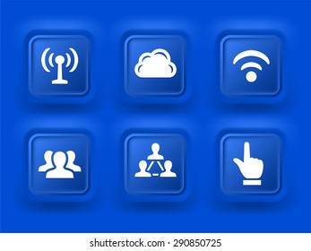 Internet Communication and Wireless Connection on Blue Bevel Square Buttons