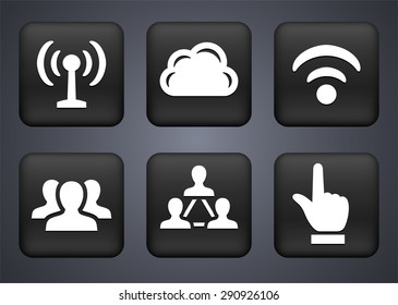 Internet Communication and Wireless Connection on Black Square Buttons