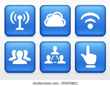 Internet Communication and Wireless Connection on Blue Square Buttons