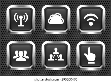 Internet Communication and Wireless Connection on Black Square Buttons