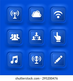 Internet Communication with Wireless Connection on Blue Bevel Square Buttons