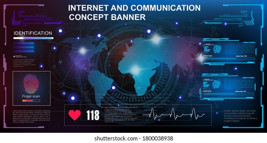 Internet and communications. Concept banner. An innovative cyber space with a world map. User interface HUD, GUI, UI. Innovation concept. Vector banner