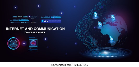 Internet and communications. VPN concept banner. World internet network. VPN protection and security. Virtual network through private access