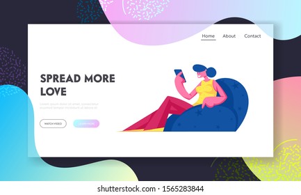 Internet Community Entertainment Website Landing Page. Young Smiling Woman Love Correspondence Communicating in Social Media Networks, Listening Music Web Page Banner. Cartoon Flat Vector Illustration