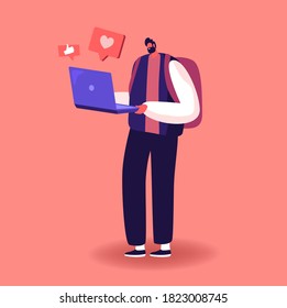 Internet Community Entertainment. Young Man Character Writing Love Correspondence, Communicating in Social Media Networks, Watching and Like Video, Chat or Dating on Site. Cartoon Vector Illustration