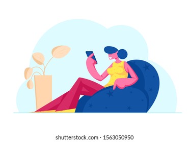 Internet Community Entertainment. Young Smiling Woman Writing Love Correspondence, Communicating in Social Media Networks, Watching Video Chatting or Dating on Site. Cartoon Flat Vector Illustration