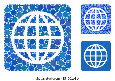 Internet composition of spheric dots in variable sizes and color hues, based on internet icon. Vector round dots are combined into blue composition. Dotted internet icon in usual and blue versions.