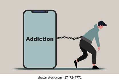 Internet compulsiveness concept. Teen guy chained to his cellphone like prisoner, vector illustration in flat style. Panorama