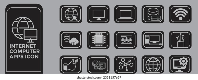 Internet  computer apps  icon set. Containing online, computer, network, website, server, web design, hardware, software and programming. Solid black and white  icons vector collection.