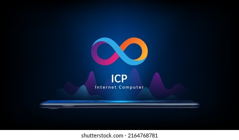 Internet Computer coin icon crypto currency token symbol come out from smartphone with growth chart. Trading cryptocurrency on application. Financial investment. Banner for website, news. Vector.