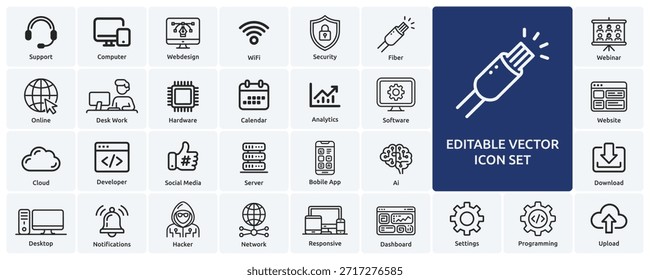 Icono de computadora de Internet. Contiene en línea, fibra, hacker, computadora, red, Sitio web, servidor, Diseño web, hardware, software y programación. Iconos vectoriales de línea de trazo colección