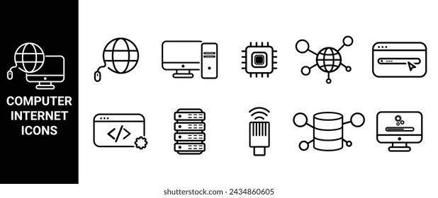 Internet computer icon set. Containing online, computer, network, website, server, web design, hardware, software and programming. Solid icons vector collection.