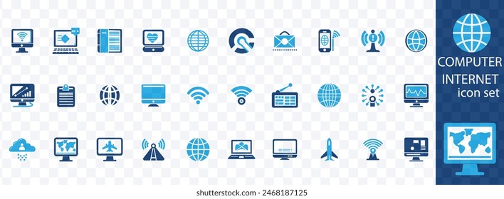 Internet computer icon set. Containing online, computer, network, website, server, web design, hardware, software and programming. Solid icons vector