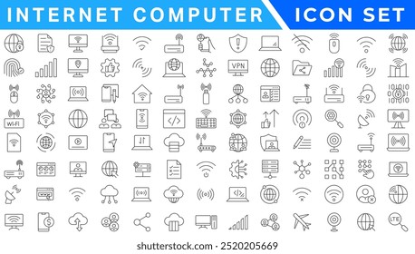 Internet computer icon set. Containing online, computer, network, website, server, web design, hardware, software and programming. Solid icons vector collection.