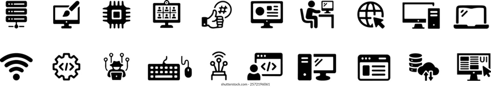 Internet computer icon set. Containing online, computer, network, website, server, web design, hardware, software and programming. Vector illustration