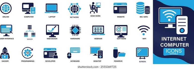 Internet computer icon set. online, computer, network, website, server, web design, hardware, You can easily change the color