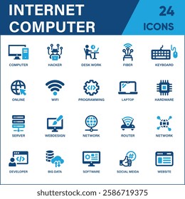 Internet and Computer Icon Set – A Versatile Collection of Online, Network, Website, Server, Web Design, Hardware, Software, and Programming Icons in Solid Vector Style.