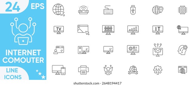 Internet Computer icon set.computer, network, website, Servers, database, Wi-Fi device, server, web design, hardware, software and more.Vector and illustrator set.