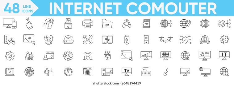 Internet Computer icon set.computer, network, website, Servers, database, Wi-Fi device, server, web design, hardware, software e muito mais.Vetor e conjunto de ilustradores.
