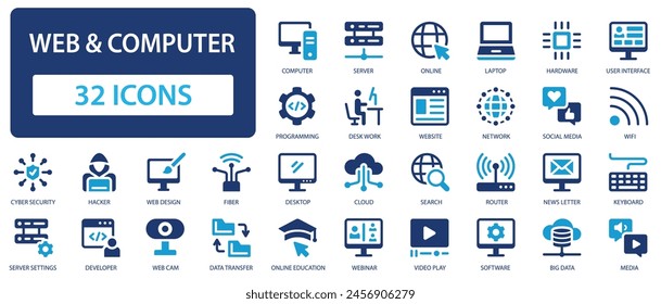 Colección de iconos de Internet y ordenador. Internet, página de Web y ordenador para verlas, utilizarlas y crearlas. Icono de Vector plano simple.