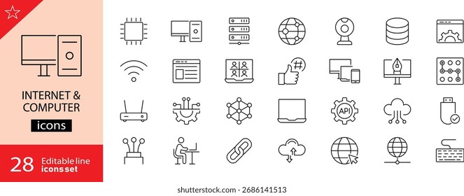 Internet e ícones do computador definidos. Inclui símbolos de rede, tecnologia, conexão online, dados, dispositivos, nuvem e comunicação. Traçado editável. Ilustração vetorial. Contornar ícones.