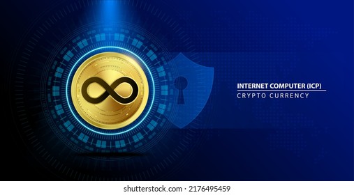 Internet Computer (ICP) coin gold. Cryptocurrency blockchain. Future digital (crypto currency) currency replacement technology concept. On blue background. 3D Vector illustration.