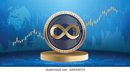 Internet Computer ICP crypto currency coin logo and symbol over financial infographic background. Futuristic technology vector illustration banner and wallpaper 