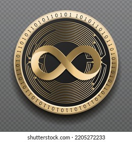 Internet Computer (ICP) cryptocurrency golden coin isolated in transparent background. Virtual currency token symbol vector illustration based on cryptography and block chain technology.
