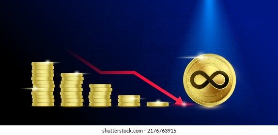 Internet Computer (ICP) on blue background. Stablecoin blockchain token price down from pile of gold coins.There is space to enter message. Nice for cryptocurrency and digital money concept.