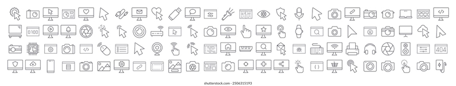 Internet and Computer Interface Pack of Thin Icons. Editable Stroke. Suitable for Web Sites, Books, Cards, Apps