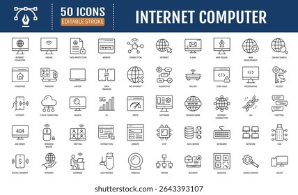 Internet computer line editable icon set. Containing
computer, network, online, website, server, web design,
hardware, software, programming and more. Vector Illustration 