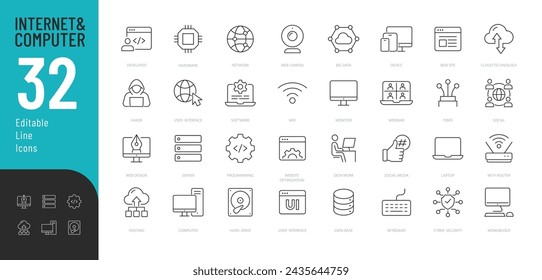 Editierbare Symbole für Internet- und Computerzeilen festgelegt. Vektor-Illustration im modernen dünnen Linienstil der Computing verwandte Icons: Computer-Komponenten, Programmierung, Technologie und mehr. 