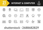 Internet and Computer line icon set. Set of 21 outline icons related to internet, computer, network, online, website, server, software, hardware and others. Editable stroke. Vector illustration.