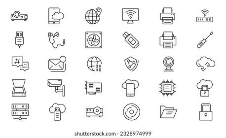 Internet computer line icon set. Website icon for contact icons. Computer, network, website, server, web design, hardware, software and more. Website set icon vector