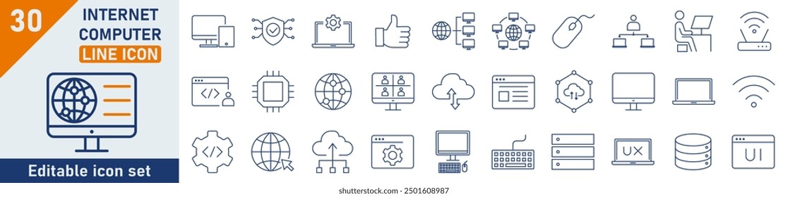 Internet and Computer line icon set. Set of 30 outline icons related to computer components, programming, technology, and more. Linear icon collection. Internet and Computer outline icons collection.