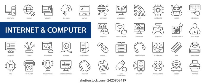 Internet and computer line icons set. Computer, network, programming, online, devices, website, laptop, server, web design, hardware, icons and more signs. Thin line icon collection.